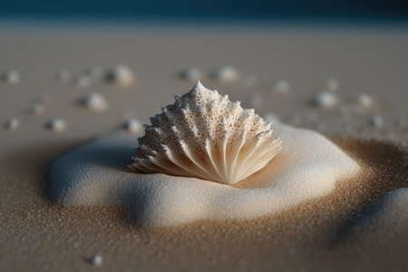 Close up of seashell in sand, created using generative ai technology. Shells, beach and beauty in nature concept digitally generated image.の素材