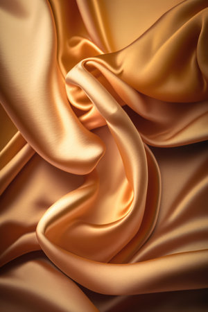 Close up of golden silk shiny and crumpled fabric textures, created using generative ai technology. Luxury clothes, fashion and fabric background.の素材