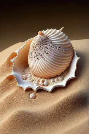 Close up of seashell in sand, created using generative ai technology. Shells, beach and beauty in nature concept digitally generated image.の素材
