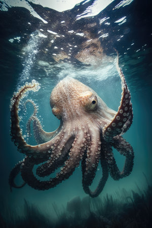 Close up of octopus swimming underwater, created using generative ai technology. Marine nature, ocean, sea, wild animal and wildlife concept digitally generated image.の素材