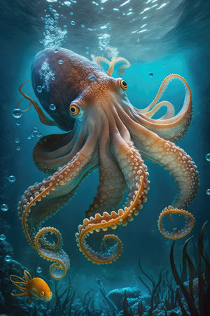 Close up of octopus swimming underwater, created using generative ai technology. Marine nature, ocean, sea, wild animal and wildlife concept digitally generated image.の素材