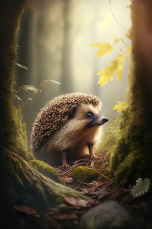 Close up of cute hedgehog in forest, created using generative ai technology. Nature, wild animal and wildlife concept digitally generated image.の素材