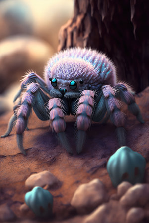 Cute purple spider over tree created using generative ai technology. Animals and nature concept digitally generated image.の素材