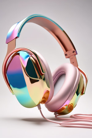Close up of colorful headphones with wires on grey background created using generative ai technology. Technology and music concept digitally generated image.の素材