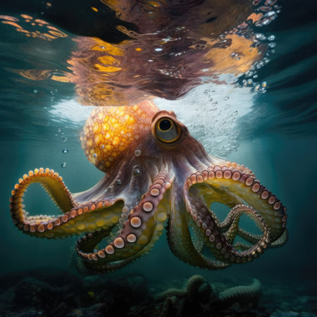 Close up of octopus swimming underwater, created using generative ai technology. Marine nature, ocean, sea, wild animal and wildlife concept digitally generated image.の素材