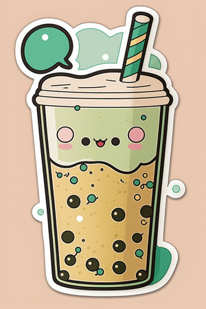 Composition of colorful kawaii cartoon bubble tea sticker on pink background. Stickers and pattern concept digitally generated image.の素材