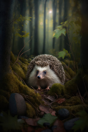 Close up of cute hedgehog in forest, created using generative ai technology. Nature, wild animal and wildlife concept digitally generated image.の素材