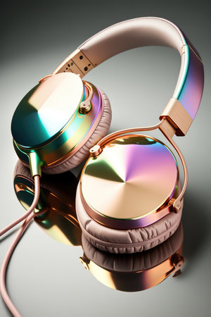 Close up of colorful headphones with wire on grey background created using generative ai technology. Technology and music concept digitally generated image.の素材