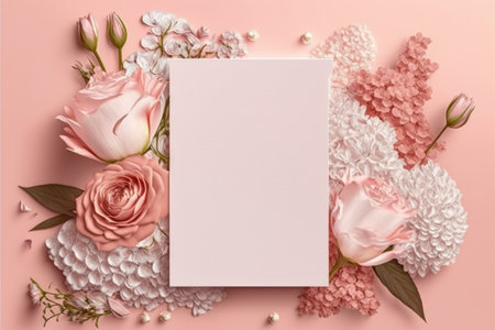 White card with copy space and flowers, created using generative ai technology. Mothers day card and spring concept digitally generated image.の素材