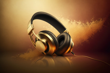 Close up of gold headphones with wire on yellow background created using generative ai technology. Technology and music concept digitally generated image.の素材