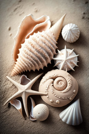 Close up of seashells in sand, created using generative ai technology. Shells, beach and beauty in nature concept digitally generated image.の素材