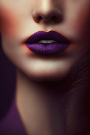 Close up of female lips with satin purple lipstick, created using generative ai technology. Female face, make up and beauty concept digitally generated image.の素材