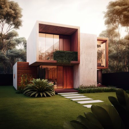 Modern mansion surrounded by garden, created using generative ai technology. Modern architecture, house and design concept digitally generated image.の素材
