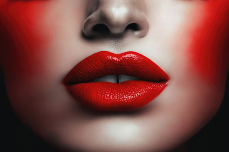 Close up of female lips with satin red lipstick, created using generative ai technology. Female face, make up and beauty concept digitally generated image.の素材