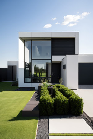 Modern house surrounded by garden, created using generative ai technology. Modern architecture and design concept digitally generated image.の素材