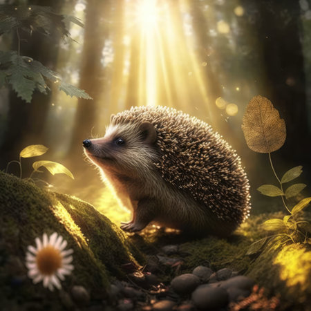 Close up of cute hedgehog in forest with sun shining, created using generative ai technology. Nature, wild animal and wildlife concept digitally generated image.の素材