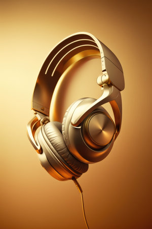 Close up of gold headphones with wire on yellow background created using generative ai technology. Technology and music concept digitally generated image.の素材
