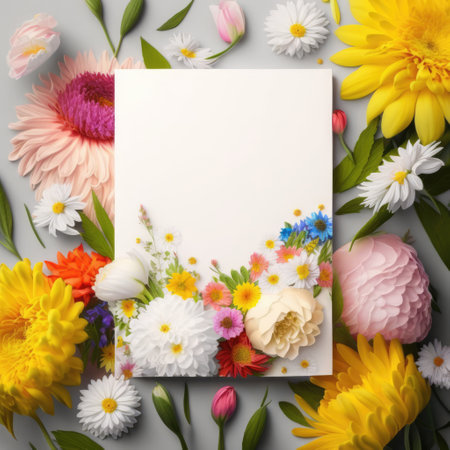 White card with copy space and flowers, created using generative ai technology. Mothers day card and spring concept digitally generated image.の素材