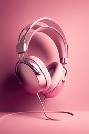 Close up of pink headphones with wire on pink background created using generative ai technology. Technology and music concept digitally generated image.の素材