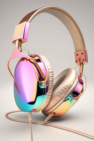Close up of colorful headphones with wires on grey background created using generative ai technology. Technology and music concept digitally generated image.の素材