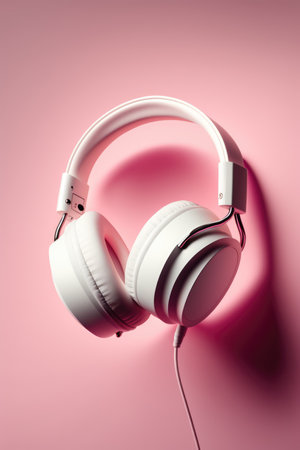 Close up of white headphones with wire on pink background created using generative ai technology. Technology and music concept digitally generated image.の素材