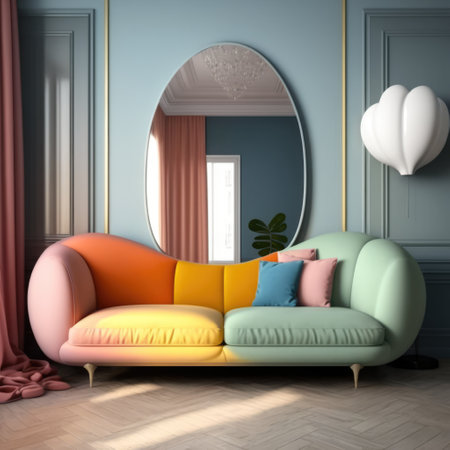 Multicoloured retro sofa with cushions and mirror, created using generative ai technology. Interior design, feminine, pastel colours and vintage home decoration concept digitally generated image.の素材