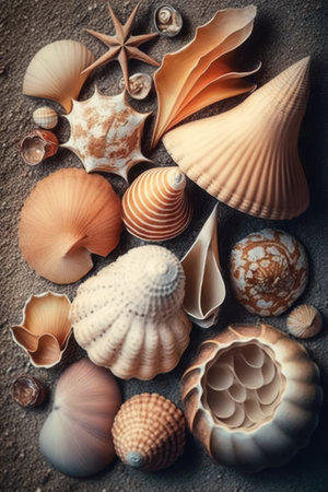 Close up of seashells in sand, created using generative ai technology. Shells, beach and beauty in nature concept digitally generated image.の素材