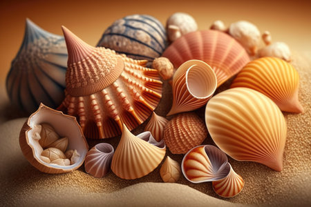 Close up of seashells in sand, created using generative ai technology. Shells, beach and beauty in nature concept digitally generated image.の素材