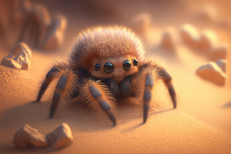 Cute orange spider with on sand with rocks created using generative ai technology. Animals and nature concept digitally generated image.の素材