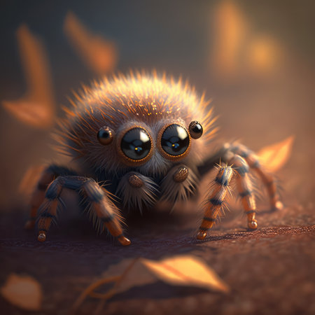Cute brown spider with orange leaves on blurred background created using generative ai technology. Animals and nature concept digitally generated image.の素材