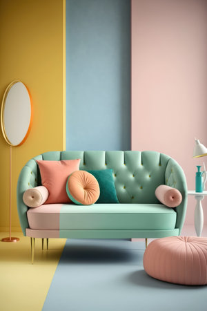 Peach and pastel green retro sofa with cushions and mirror, created using generative ai technology. Interior design, feminine, pastel colours vintage home decoration concept digitally generated image.の素材