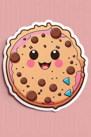 Composition of kawaii cartoon cookie sticker on pink background. Stickers and pattern concept digitally generated image.の素材