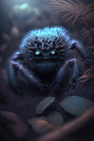 Cute blue spider with orange leaves created using generative ai technology. Animals and nature concept digitally generated image.の素材