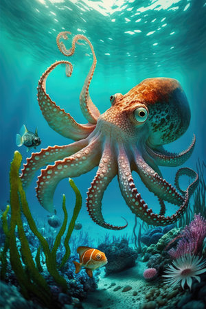 Close up of octopus swimming underwater, created using generative ai technology. Marine nature, ocean, sea, wild animal and wildlife concept digitally generated image.の素材