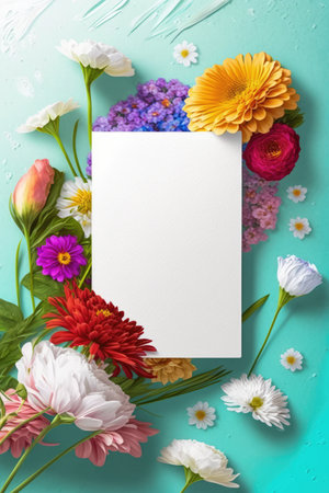 White card with copy space and flowers, created using generative ai technology. Mothers day card and spring concept digitally generated image.の素材