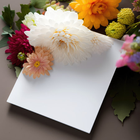 White card with copy space and flowers, created using generative ai technology. Mothers day card and spring concept digitally generated image.の素材