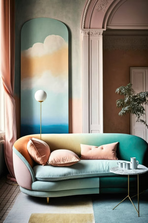 Multicoloured retro pastel sofa with cushions and painting, created using generative ai technology. Interior design, feminine, pastel colours vintage home decoration concept digitally generated image.の素材