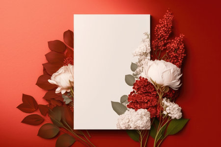 White card with copy space and flowers, created using generative ai technology. Mothers day card and spring concept digitally generated image.の素材