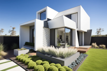 Modern house surrounded by garden, created using generative ai technology. Modern architecture and design concept digitally generated image.の素材