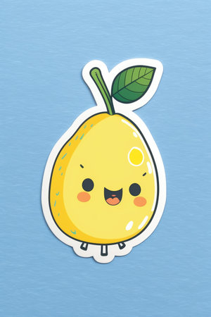 Composition of yellow kawaii cartoon pear sticker on blue background. Stickers and pattern concept digitally generated image.の素材