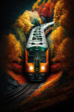 Image of modern train on tracks in fall forest, created using generative ai technology. Transport, travel and train, digitally generated image.の素材