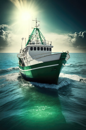 Image of sailing boat on sea over sun and blue sky, created using generative ai technology. Transport, travel and boat, digitally generated image.の素材