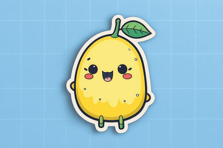 Composition of yellow kawaii cartoon pear sticker on blue background. Stickers and pattern concept digitally generated image.の素材