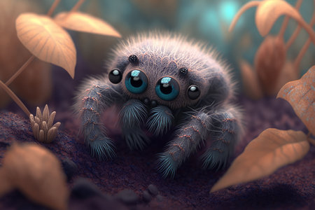 Cute brown spider with orange leaves over forest created using generative ai technology. Animals and nature concept digitally generated image.の素材