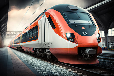 Image of modern white train on tracks at station over clouds, created using generative ai technology. Transport, travel and train, digitally generated image.の素材