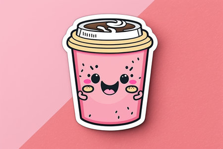 Composition of kawaii cartoon coffee sticker on pink background. Stickers and pattern concept digitally generated image.の素材