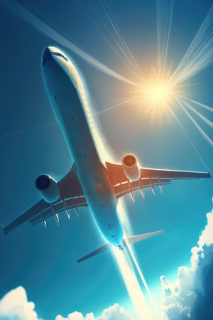 Passenger plane flying through cloudy sky, created using generative ai technology. Transport, travel, digitally generated image.の素材