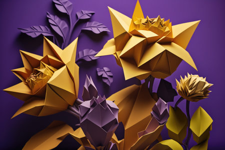 Image of colourful origami flowers on purple background, created using generative ai technology. Origami, art, nature and flowers, digitally generated image.の素材