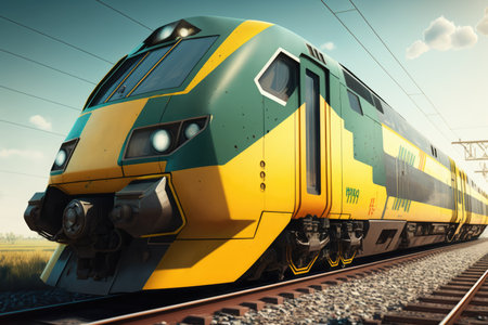 Image of modern train on tracks over blue sky, created using generative ai technology. Transport, travel and train, digitally generated image.の素材