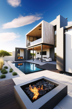 Modern mansion surrounded with swimming pool and fireplace, created using generative ai technology. Modern architecture, house and design concept digitally generated image.の素材
